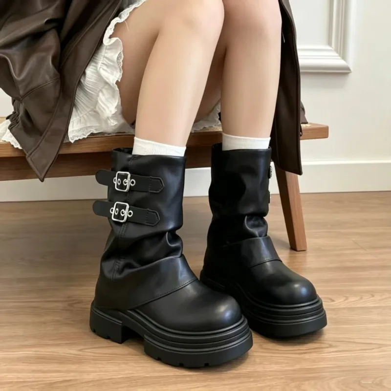 CNEYEIBN Women Double Buckle Mid Calf Boots Pu Leather Platform Block Heel Round Toe Shoes Casual Autumn Mordern Boots