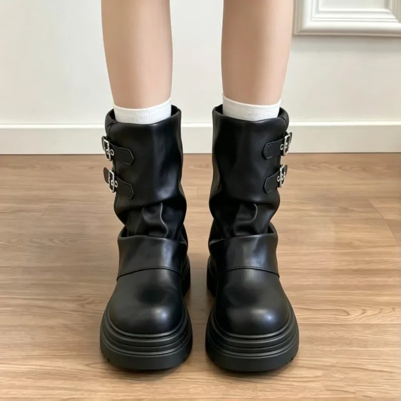 CNEYEIBN Women Double Buckle Mid Calf Boots Pu Leather Platform Block Heel Round Toe Shoes Casual Autumn Mordern Boots