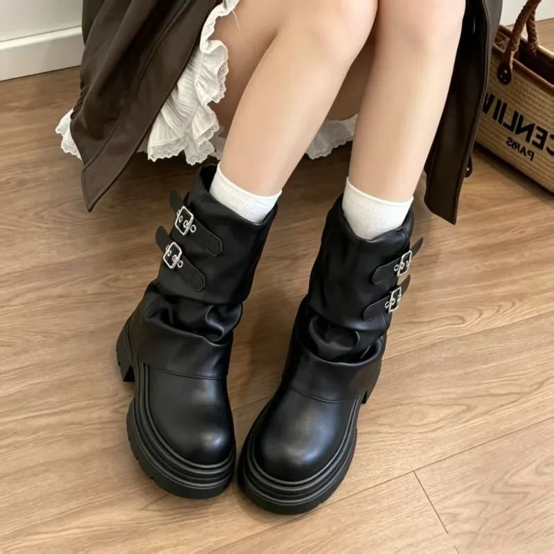 CNEYEIBN Women Double Buckle Mid Calf Boots Pu Leather Platform Block Heel Round Toe Shoes Casual Autumn Mordern Boots