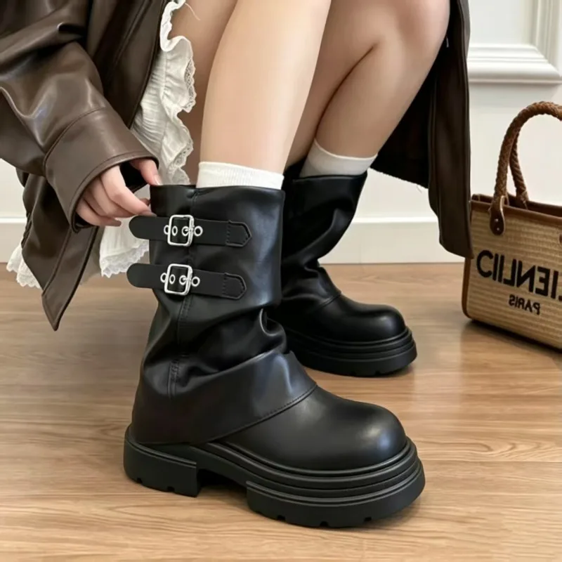 CNEYEIBN Women Double Buckle Mid Calf Boots Pu Leather Platform Block Heel Round Toe Shoes Casual Autumn Mordern Boots