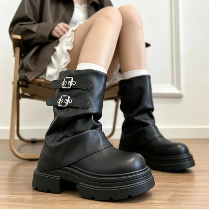CNEYEIBN Women Double Buckle Mid Calf Boots Pu Leather Platform Block Heel Round Toe Shoes Casual Autumn Mordern Boots