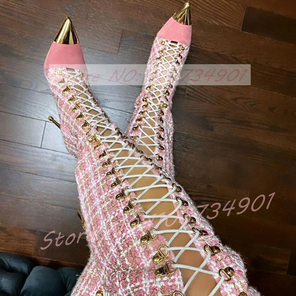 Pink Gingham Over The Knee Boots Women Gold Pointed Toe Cutout Lace-up Stiletto Heels Boots Ladies Sexy Fashion Party Punk Shoes