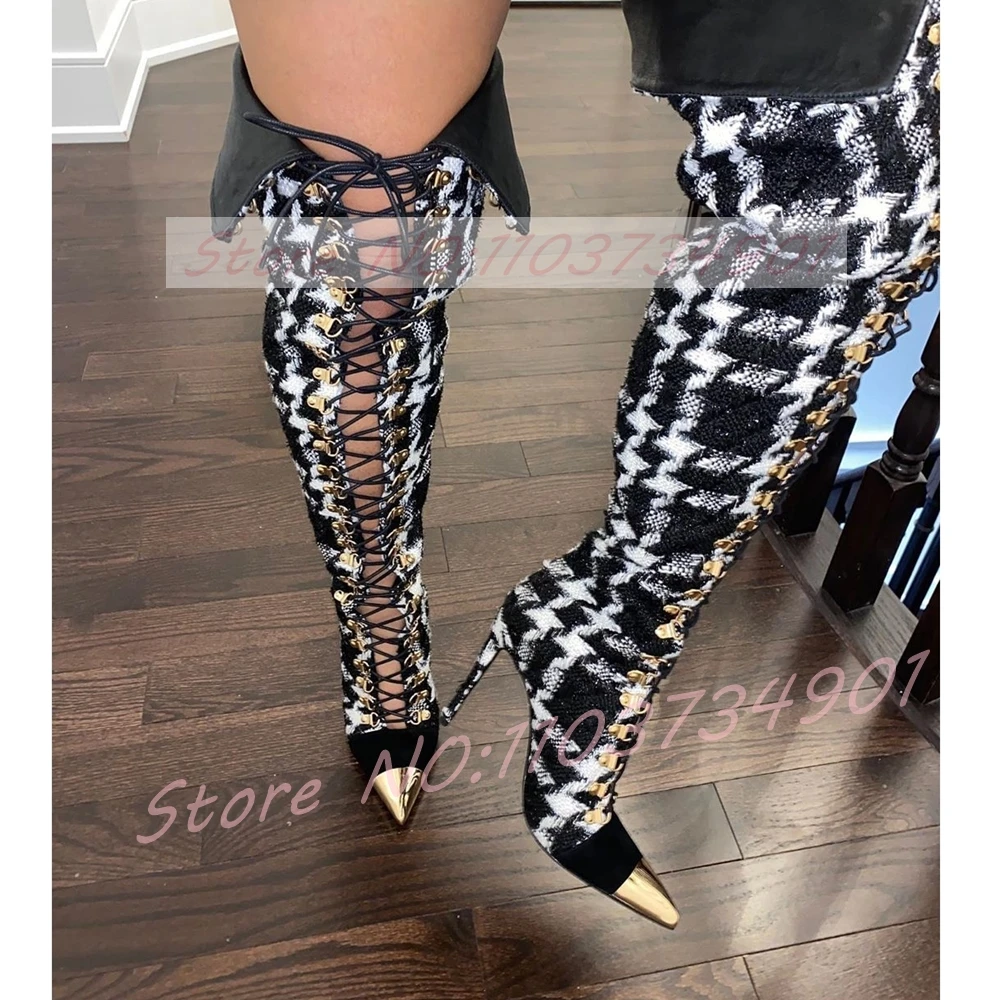 Pink Gingham Over The Knee Boots Women Gold Pointed Toe Cutout Lace-up Stiletto Heels Boots Ladies Sexy Fashion Party Punk Shoes