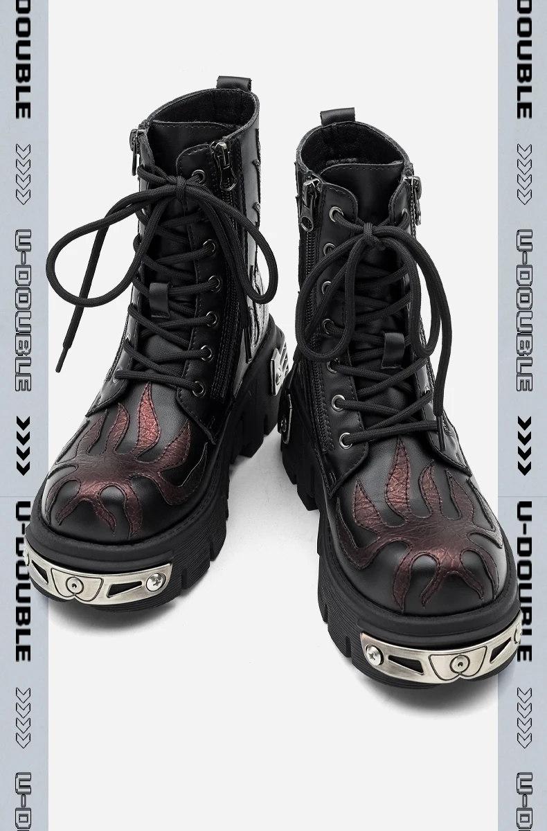 2026 New Punk Women Platform Ankle Boots Female's Rock Round Toe Lace Up Fashion Retro Chunky Shoes Metal Decor Short Boots