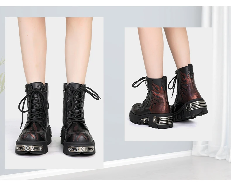 2026 New Punk Women Platform Ankle Boots Female's Rock Round Toe Lace Up Fashion Retro Chunky Shoes Metal Decor Short Boots