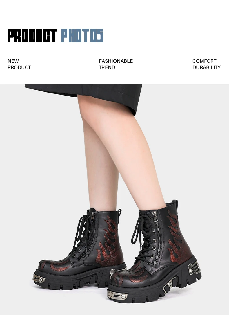 2026 New Punk Women Platform Ankle Boots Female's Rock Round Toe Lace Up Fashion Retro Chunky Shoes Metal Decor Short Boots