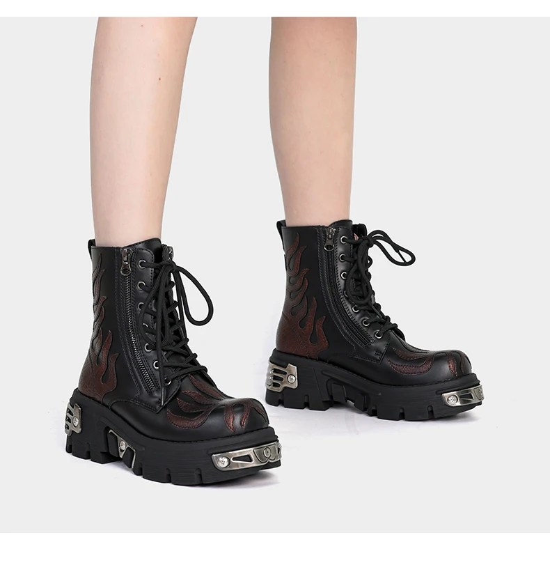 2026 New Punk Women Platform Ankle Boots Female's Rock Round Toe Lace Up Fashion Retro Chunky Shoes Metal Decor Short Boots