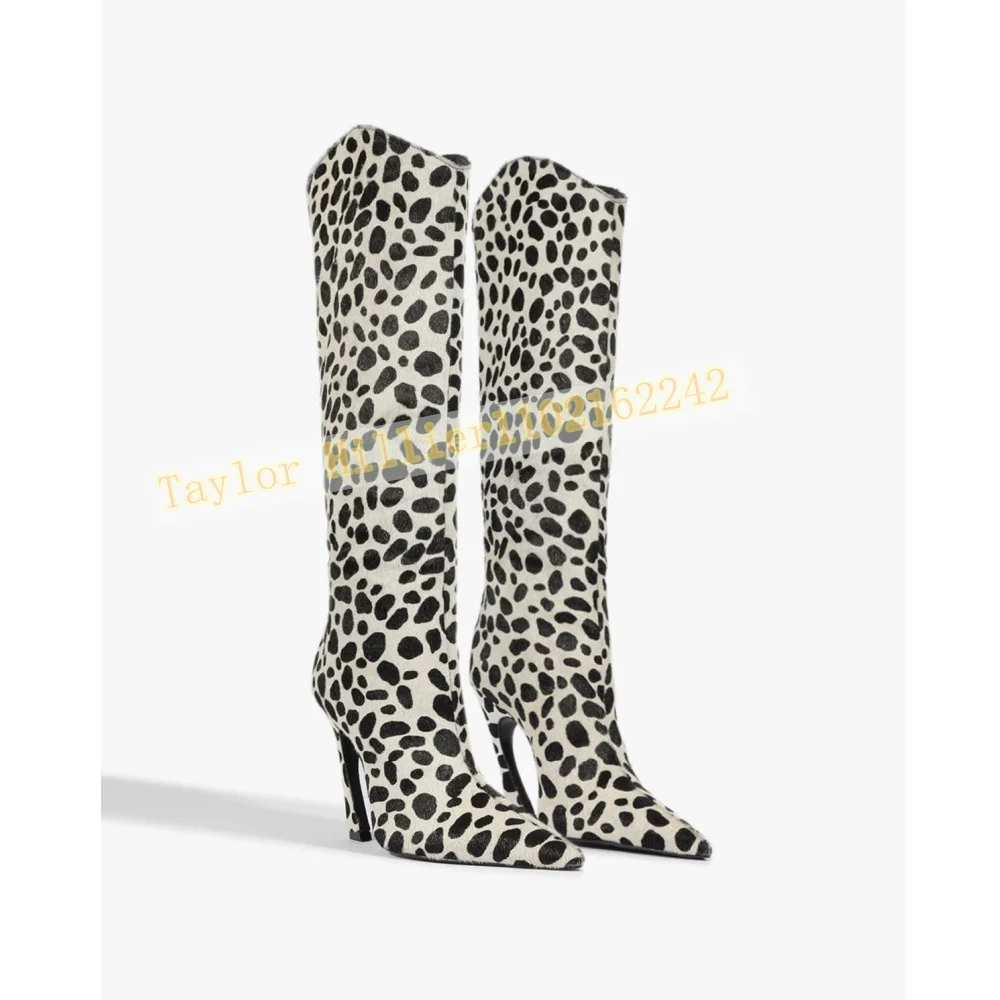 Women Pointed Toe Knee High Boots Special Cutout Heel Dalmatian Spot Print Faux Cowhide Side Zipper Western High Heel Tall Boots