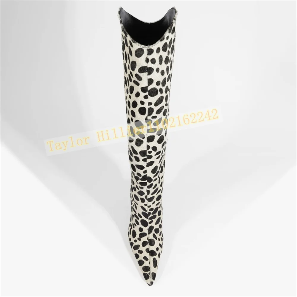 Women Pointed Toe Knee High Boots Special Cutout Heel Dalmatian Spot Print Faux Cowhide Side Zipper Western High Heel Tall Boots