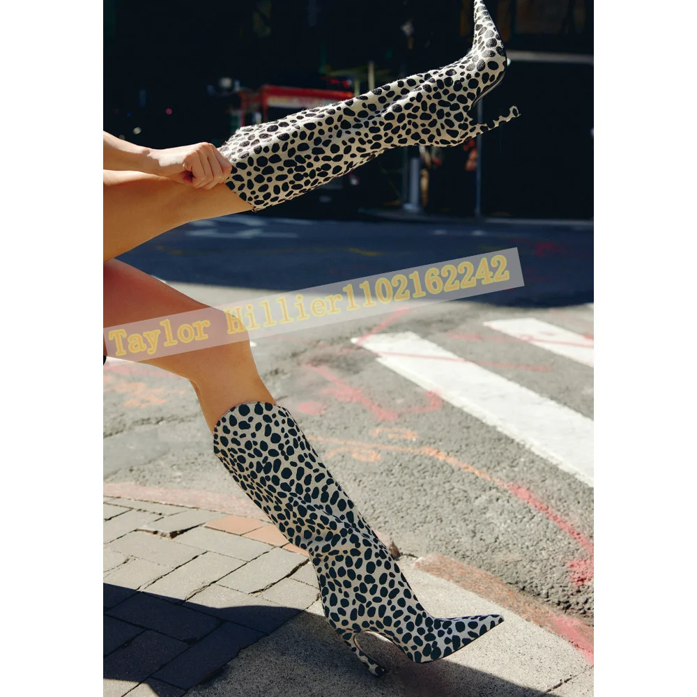 Women Pointed Toe Knee High Boots Special Cutout Heel Dalmatian Spot Print Faux Cowhide Side Zipper Western High Heel Tall Boots