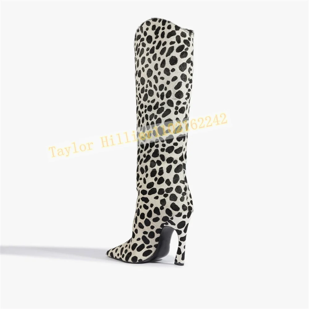 Women Pointed Toe Knee High Boots Special Cutout Heel Dalmatian Spot Print Faux Cowhide Side Zipper Western High Heel Tall Boots