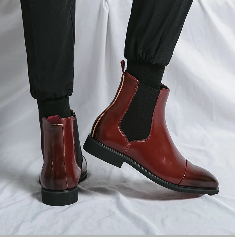 Autumn winter pointed toed male Boots Redsoled high top leather shoe English casual Chelsea boot Fashion comfortable men's shoes