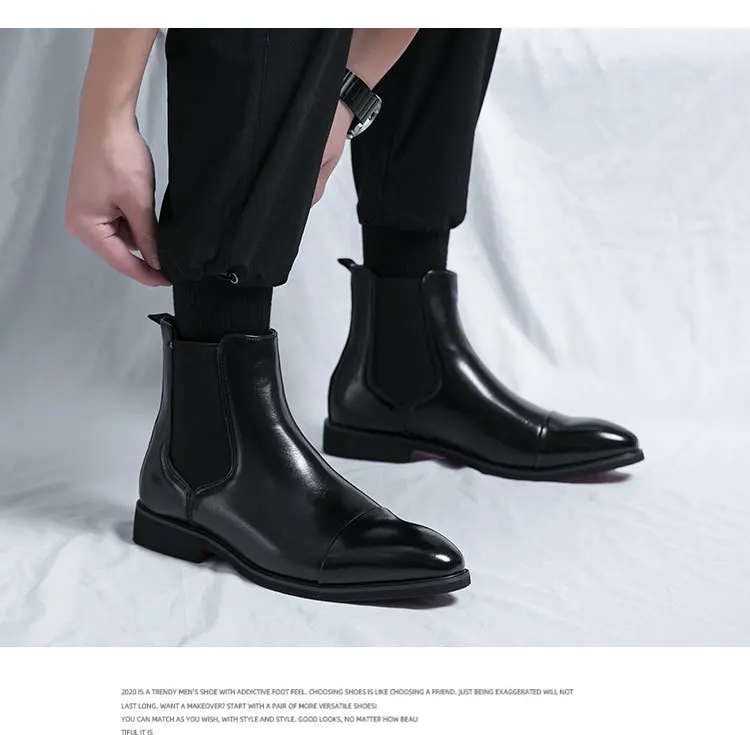 Autumn winter pointed toed male Boots Redsoled high top leather shoe English casual Chelsea boot Fashion comfortable men's shoes