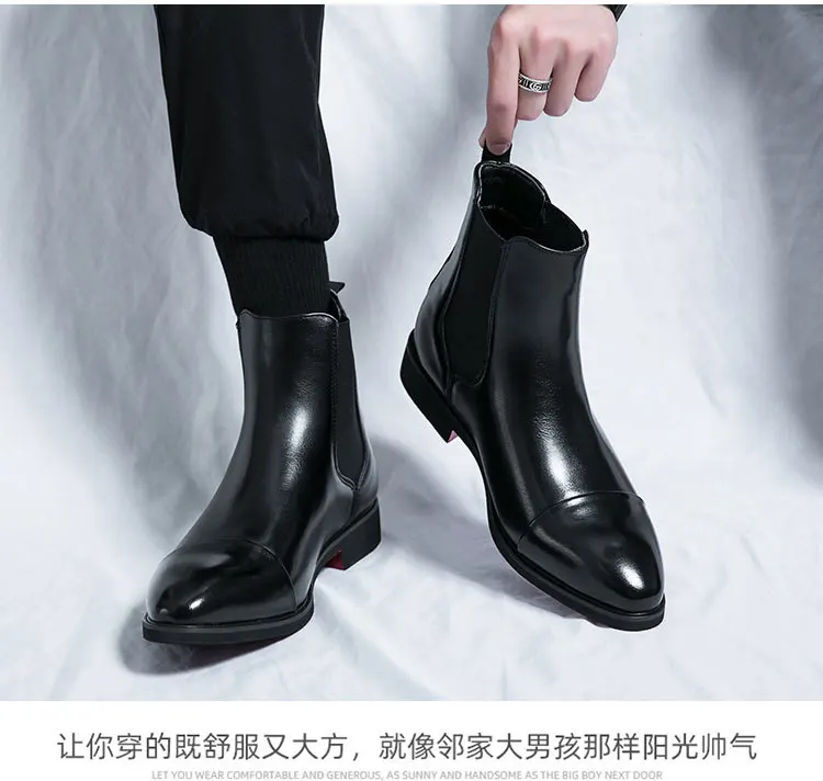 Autumn winter pointed toed male Boots Redsoled high top leather shoe English casual Chelsea boot Fashion comfortable men's shoes