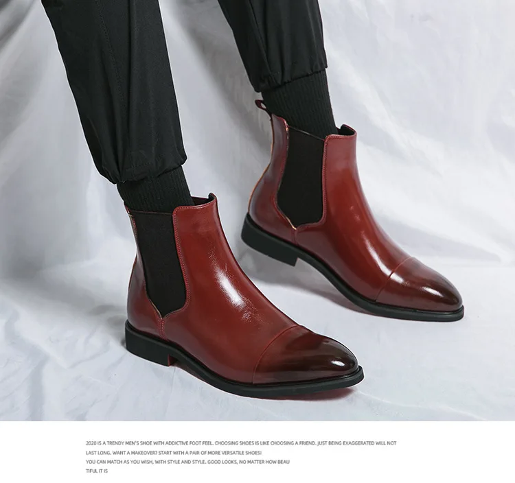 Autumn winter pointed toed male Boots Redsoled high top leather shoe English casual Chelsea boot Fashion comfortable men's shoes