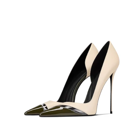 New Navy Blue Pointed Splicing Side Empty Slim Heel High Heels for Women with a Niche Temperament and High-End Feel