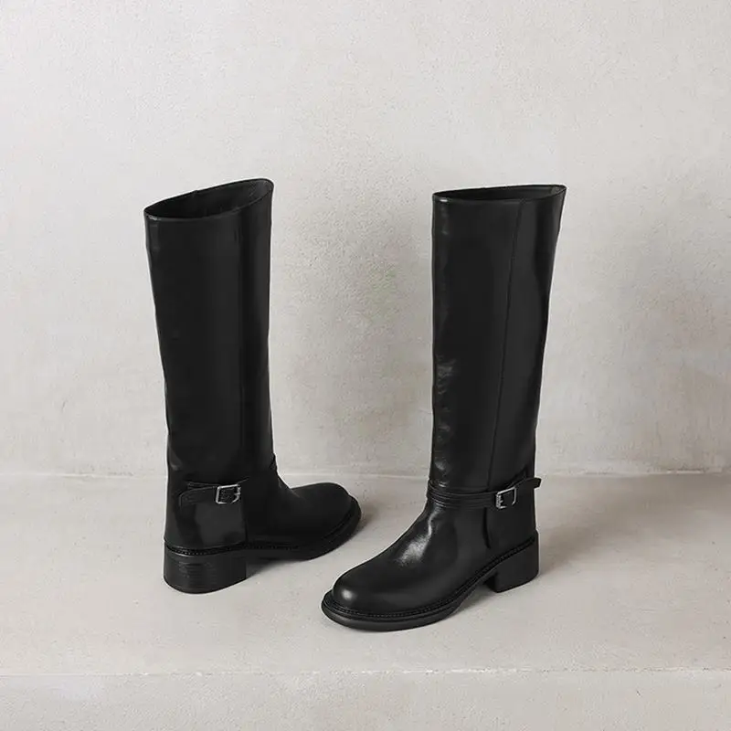 MORAZORA Genuine Leather Boots Women Square Mid Heels Black Brown Winter Boots Fashion Handmade Knee High Boots Ladies Shoes