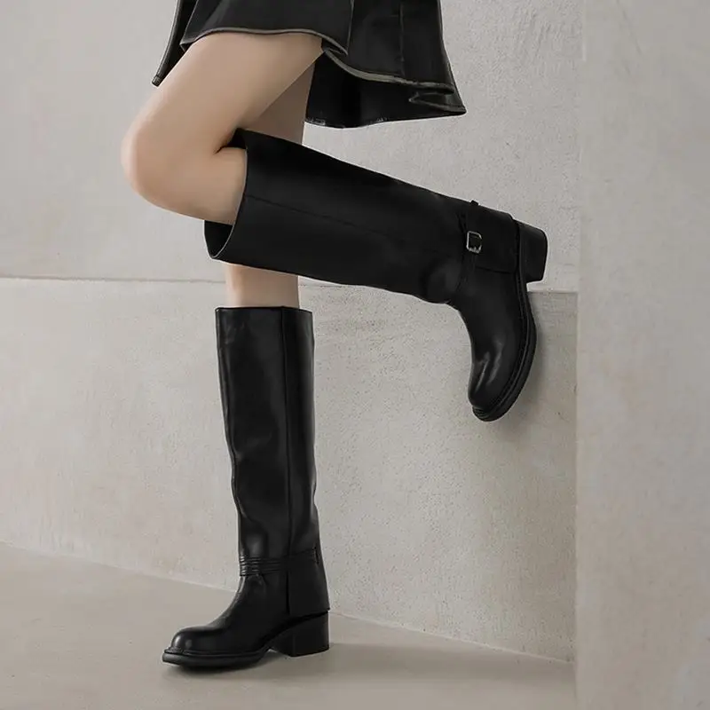 MORAZORA Genuine Leather Boots Women Square Mid Heels Black Brown Winter Boots Fashion Handmade Knee High Boots Ladies Shoes