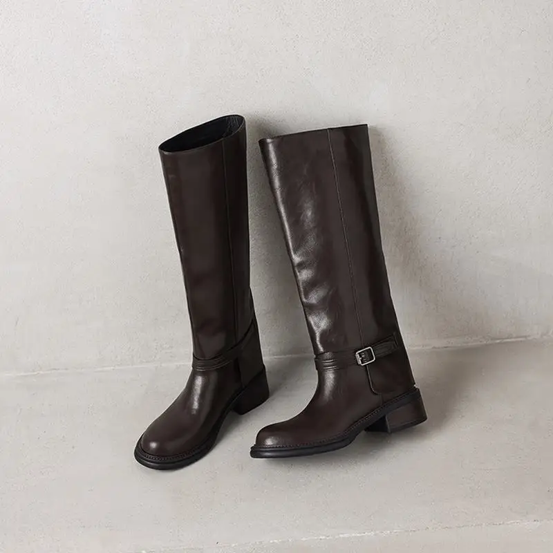MORAZORA Genuine Leather Boots Women Square Mid Heels Black Brown Winter Boots Fashion Handmade Knee High Boots Ladies Shoes