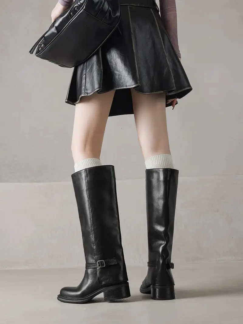 MORAZORA Genuine Leather Boots Women Square Mid Heels Black Brown Winter Boots Fashion Handmade Knee High Boots Ladies Shoes