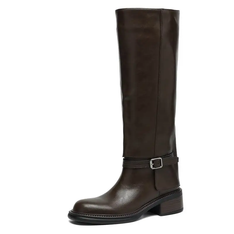 MORAZORA Genuine Leather Boots Women Square Mid Heels Black Brown Winter Boots Fashion Handmade Knee High Boots Ladies Shoes
