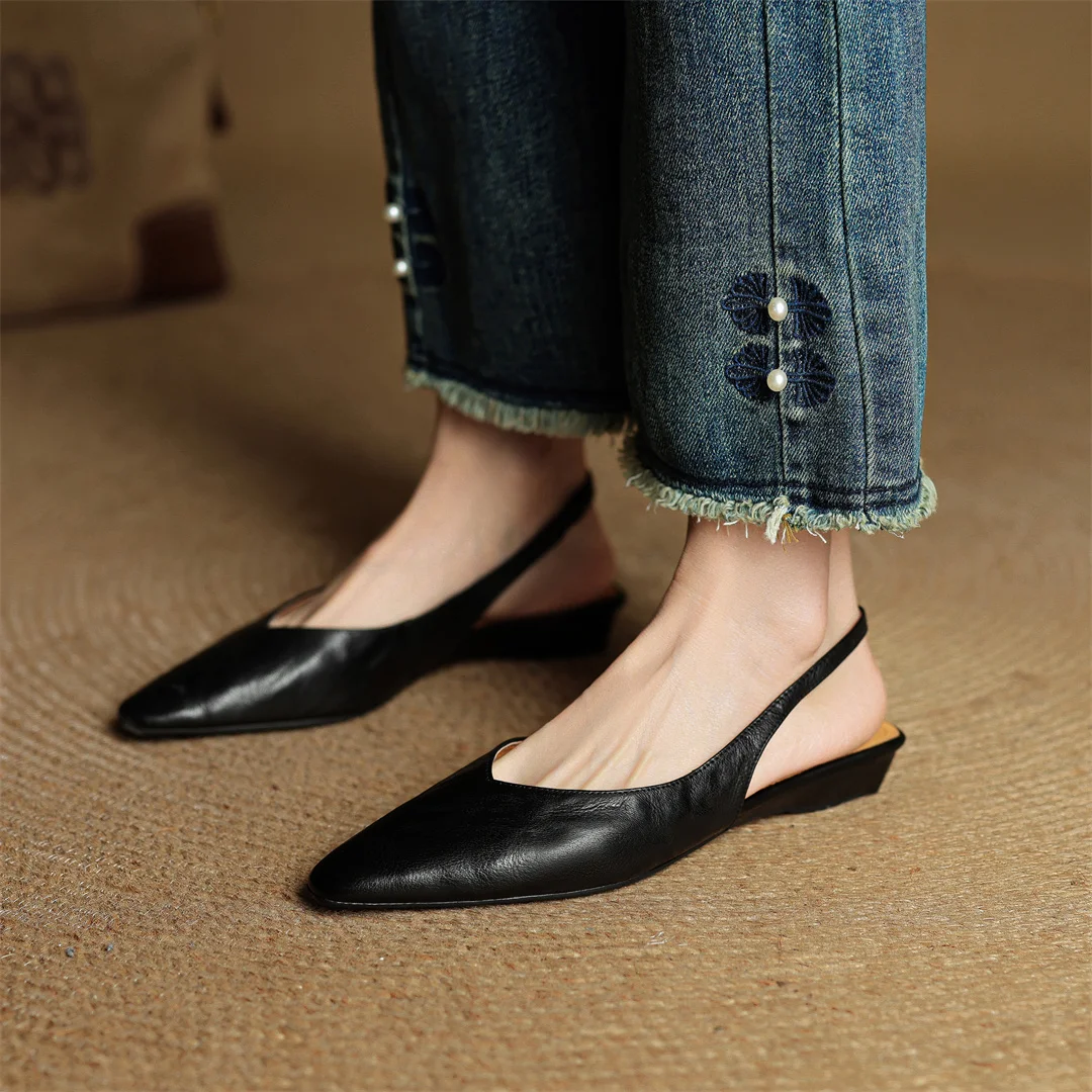 danxuefei women's sheepskin pointed toe slingback slip-on flats sandals casual female soft comfortable summer shoes for woman