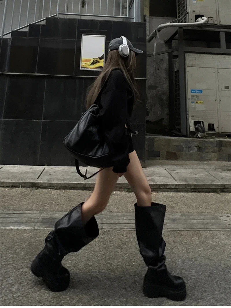 Winter Chunky Women Knee High Boots Fashion Slip On Pleated Long Booties Square Heels Party Dress Ladies Shoes