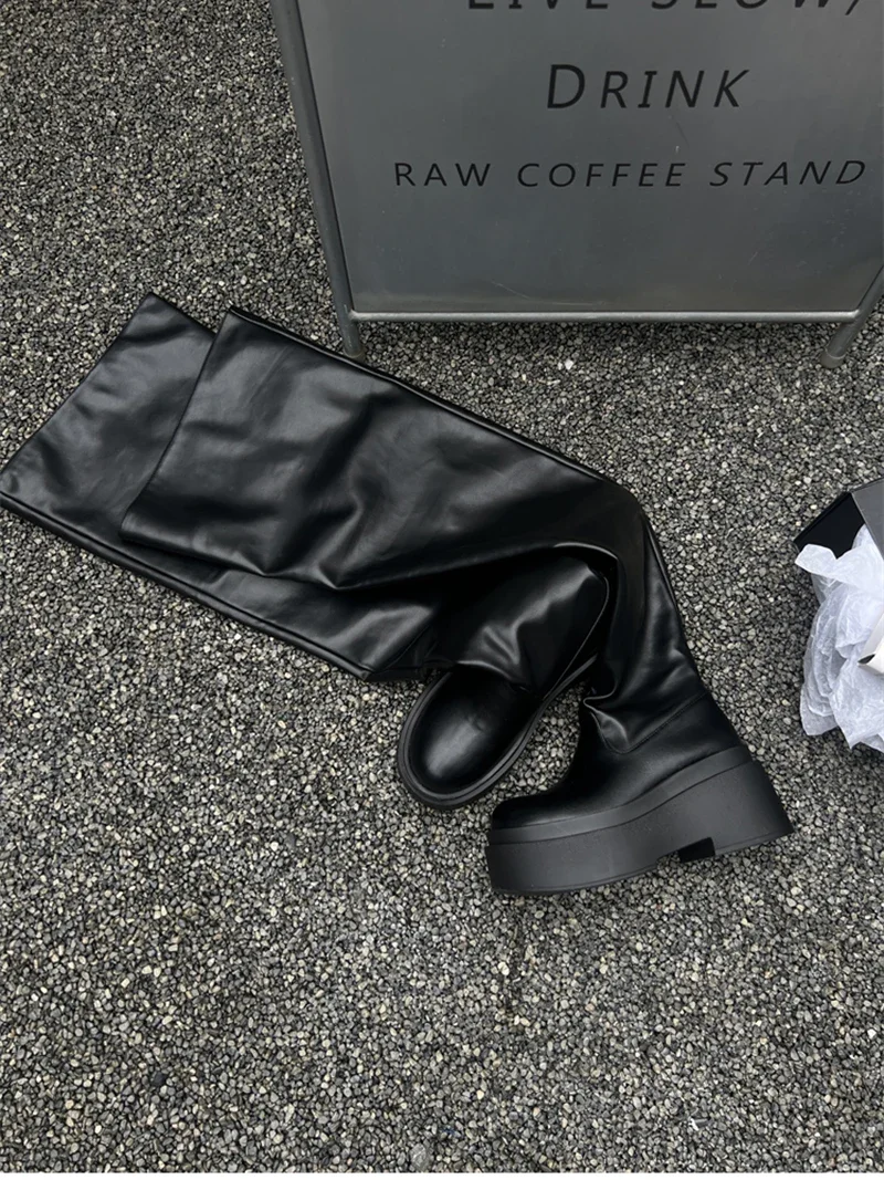 Winter Chunky Women Knee High Boots Fashion Slip On Pleated Long Booties Square Heels Party Dress Ladies Shoes