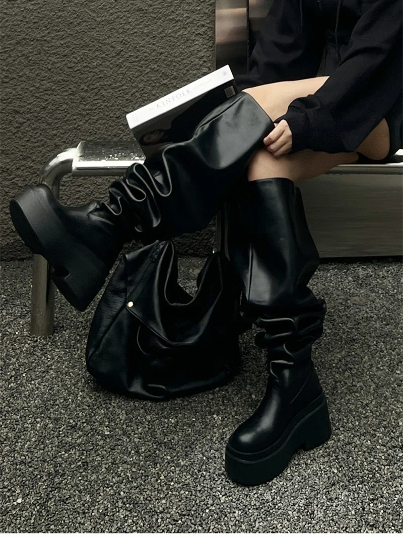 Winter Chunky Women Knee High Boots Fashion Slip On Pleated Long Booties Square Heels Party Dress Ladies Shoes