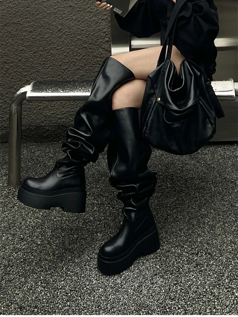 Winter Chunky Women Knee High Boots Fashion Slip On Pleated Long Booties Square Heels Party Dress Ladies Shoes