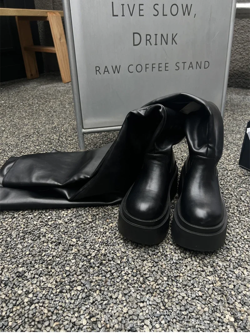 Winter Chunky Women Knee High Boots Fashion Slip On Pleated Long Booties Square Heels Party Dress Ladies Shoes