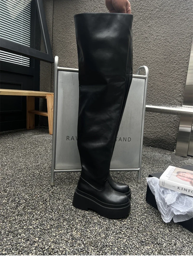 Winter Chunky Women Knee High Boots Fashion Slip On Pleated Long Booties Square Heels Party Dress Ladies Shoes