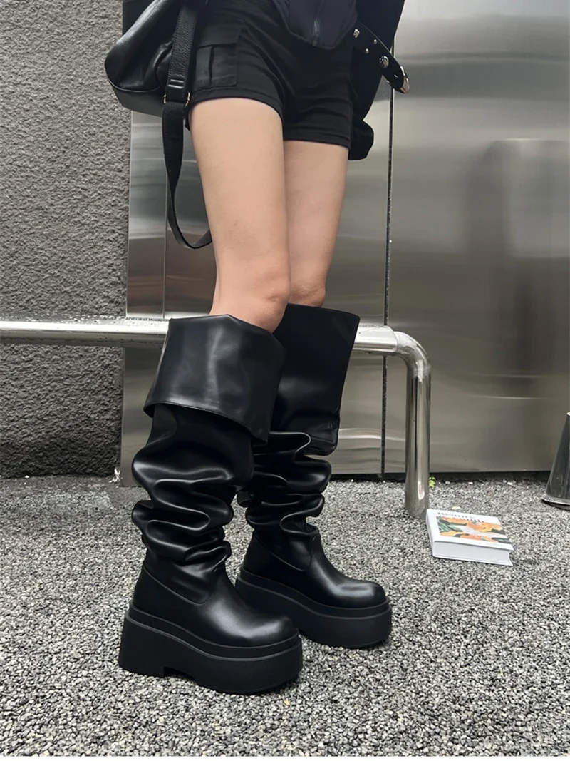 Winter Chunky Women Knee High Boots Fashion Slip On Pleated Long Booties Square Heels Party Dress Ladies Shoes