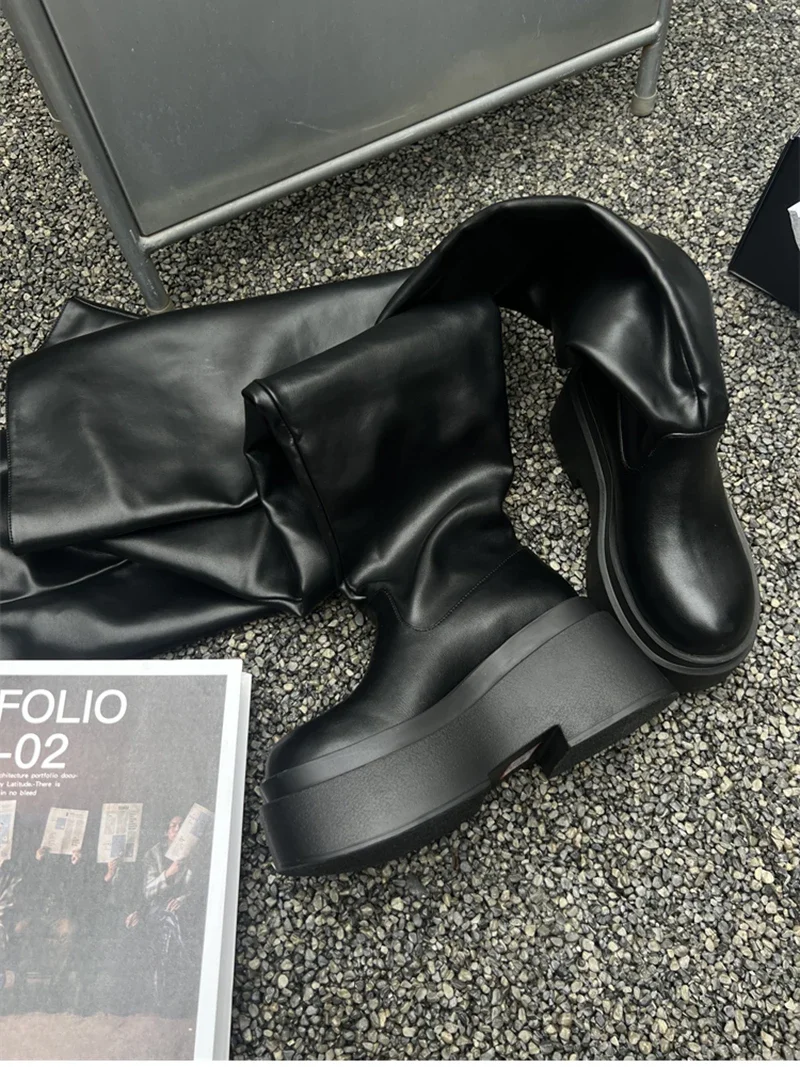 Winter Chunky Women Knee High Boots Fashion Slip On Pleated Long Booties Square Heels Party Dress Ladies Shoes
