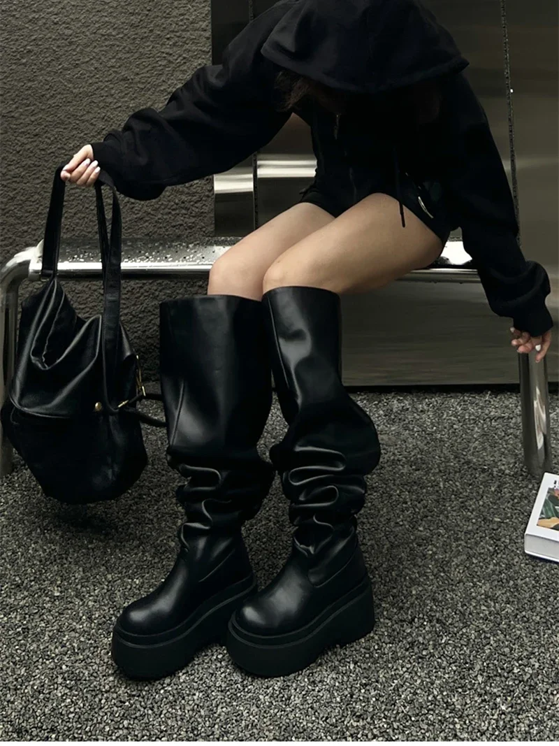 Winter Chunky Women Knee High Boots Fashion Slip On Pleated Long Booties Square Heels Party Dress Ladies Shoes