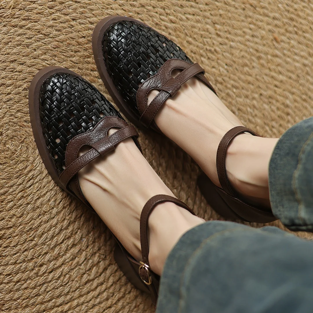 2025 Summer new women's sheepskin braided microfiber patchwork sandals 5cm chunky heel platform casual female med heeled shoes