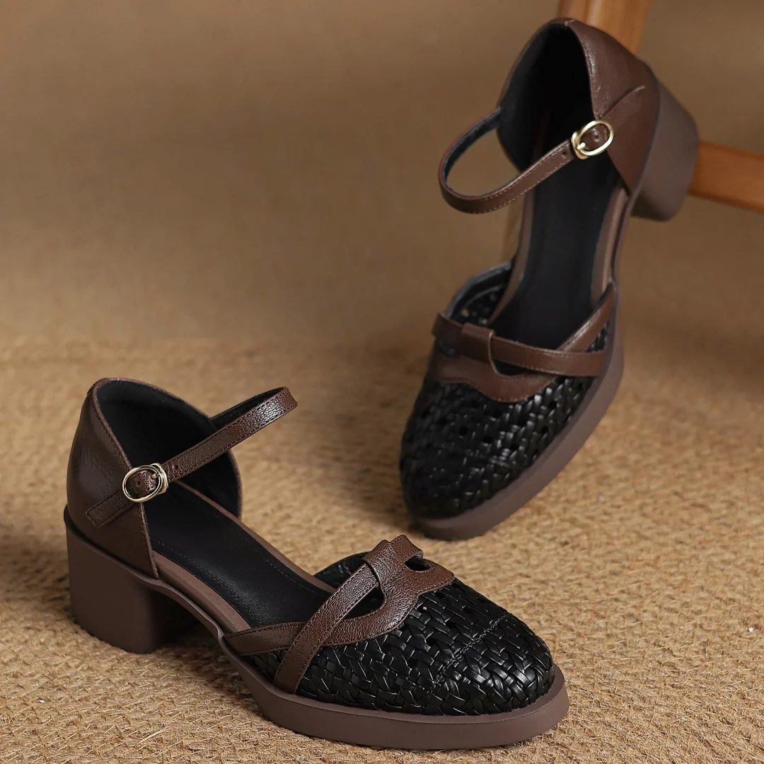 2025 Summer new women's sheepskin braided microfiber patchwork sandals 5cm chunky heel platform casual female med heeled shoes