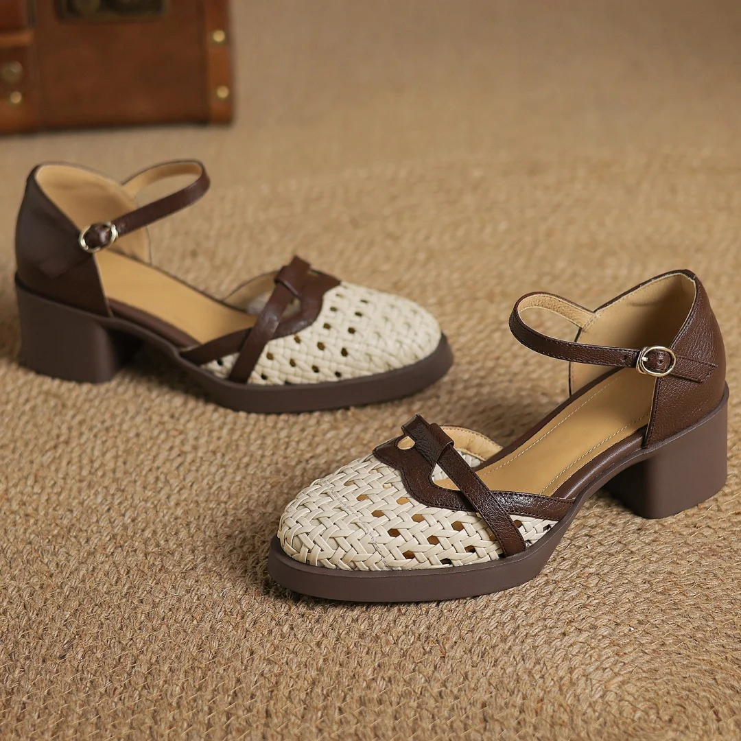 2025 Summer new women's sheepskin braided microfiber patchwork sandals 5cm chunky heel platform casual female med heeled shoes