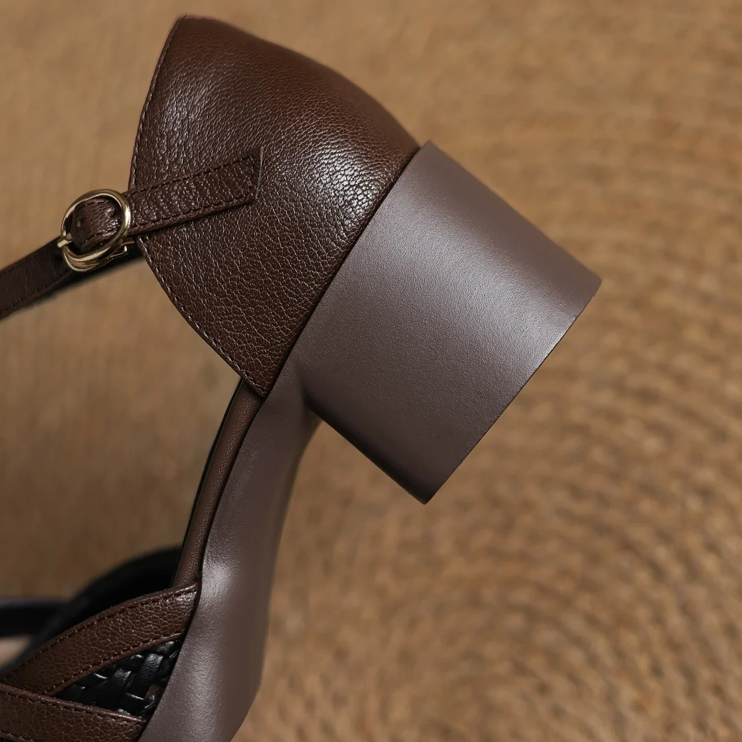 2025 Summer new women's sheepskin braided microfiber patchwork sandals 5cm chunky heel platform casual female med heeled shoes