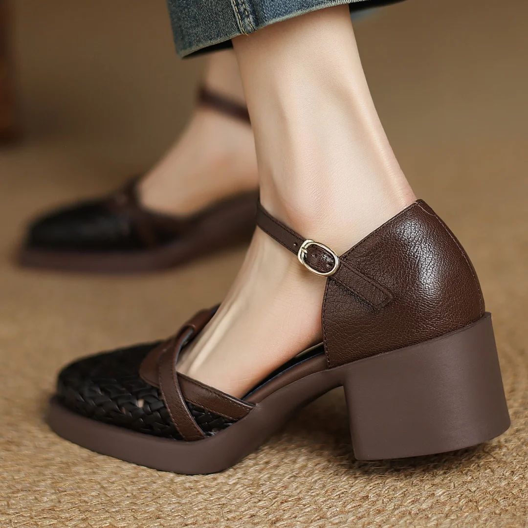 2025 Summer new women's sheepskin braided microfiber patchwork sandals 5cm chunky heel platform casual female med heeled shoes