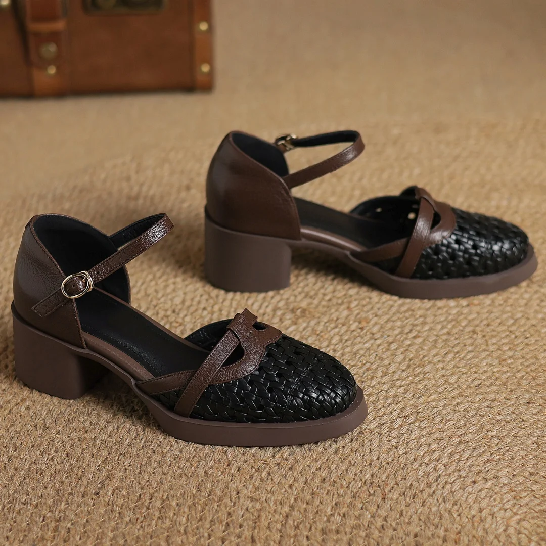 2025 Summer new women's sheepskin braided microfiber patchwork sandals 5cm chunky heel platform casual female med heeled shoes