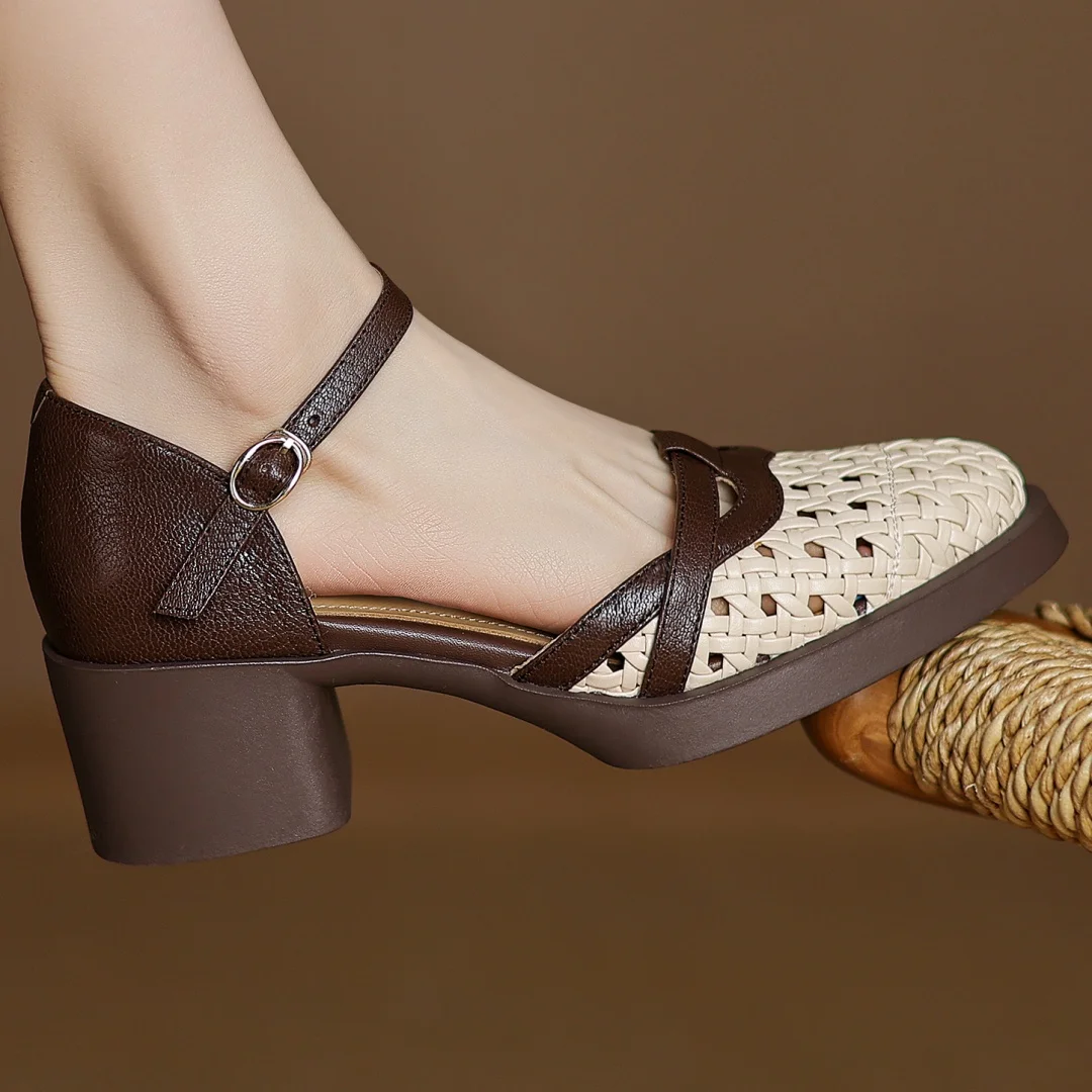 2025 Summer new women's sheepskin braided microfiber patchwork sandals 5cm chunky heel platform casual female med heeled shoes