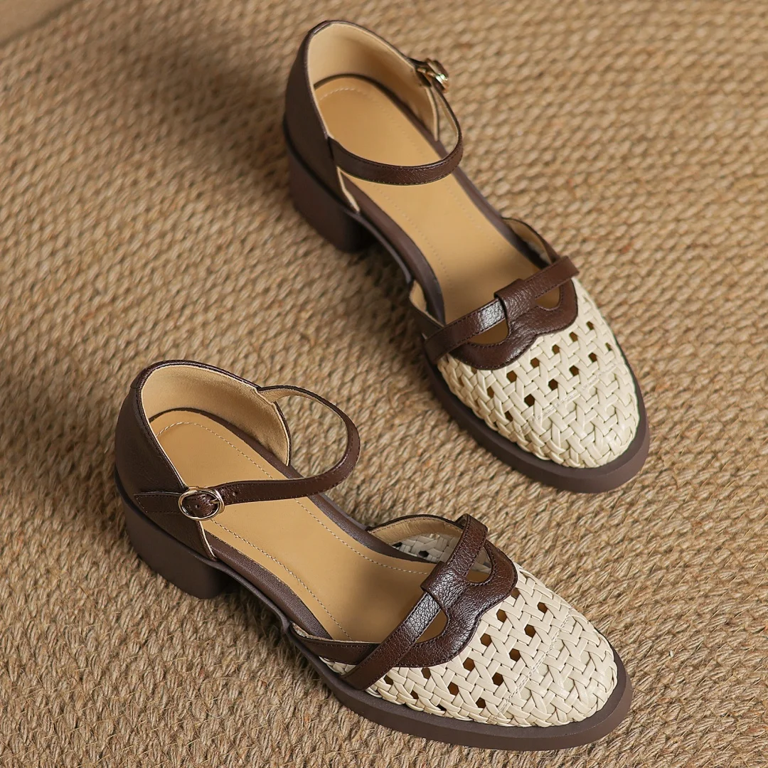 2025 Summer new women's sheepskin braided microfiber patchwork sandals 5cm chunky heel platform casual female med heeled shoes