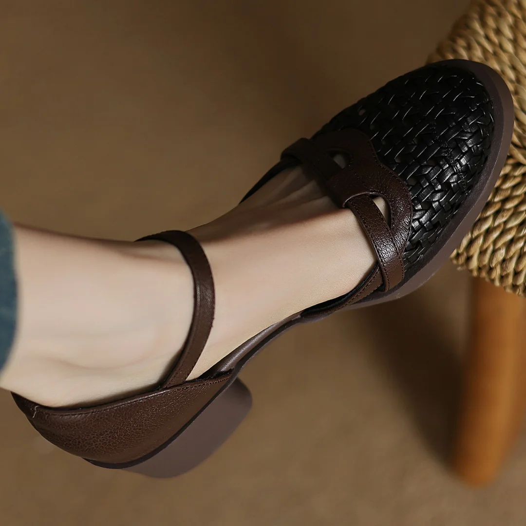 2025 Summer new women's sheepskin braided microfiber patchwork sandals 5cm chunky heel platform casual female med heeled shoes