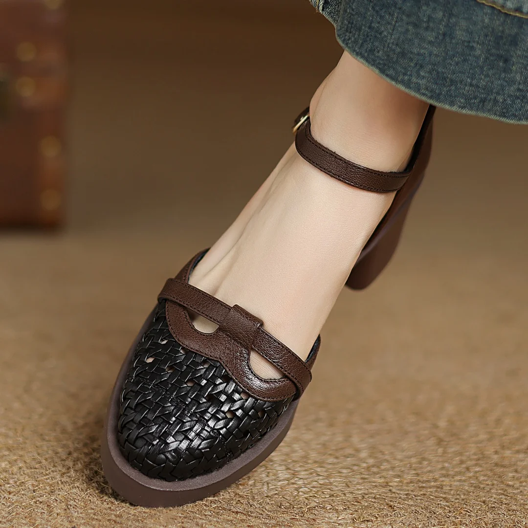 2025 Summer new women's sheepskin braided microfiber patchwork sandals 5cm chunky heel platform casual female med heeled shoes