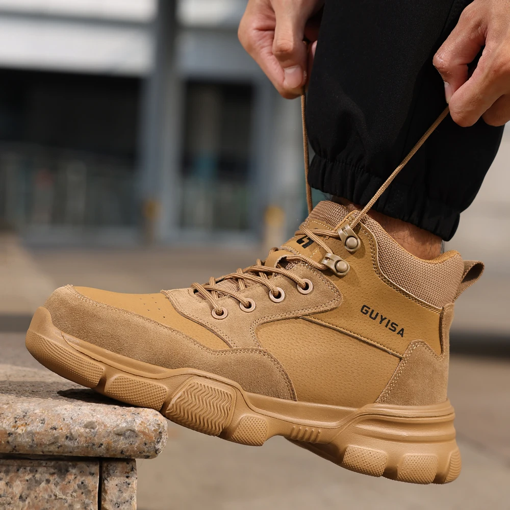 Khaki High Top Safety Shoes Work Boots Men Soft Bottom Lightweight Steel Toe Shoes Puncture-Proof Protection Shoes Security Boot