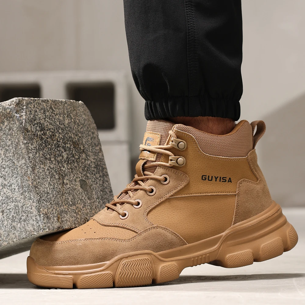 Khaki High Top Safety Shoes Work Boots Men Soft Bottom Lightweight Steel Toe Shoes Puncture-Proof Protection Shoes Security Boot