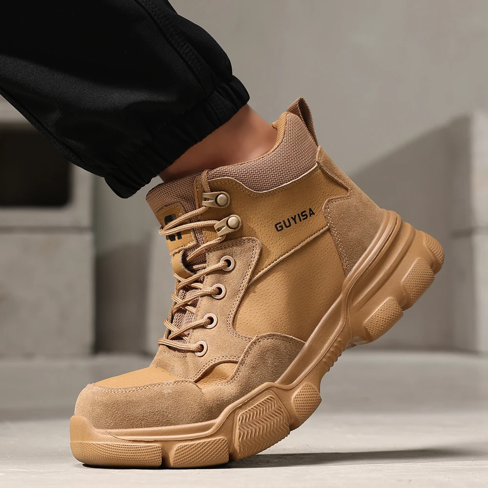 Khaki High Top Safety Shoes Work Boots Men Soft Bottom Lightweight Steel Toe Shoes Puncture-Proof Protection Shoes Security Boot