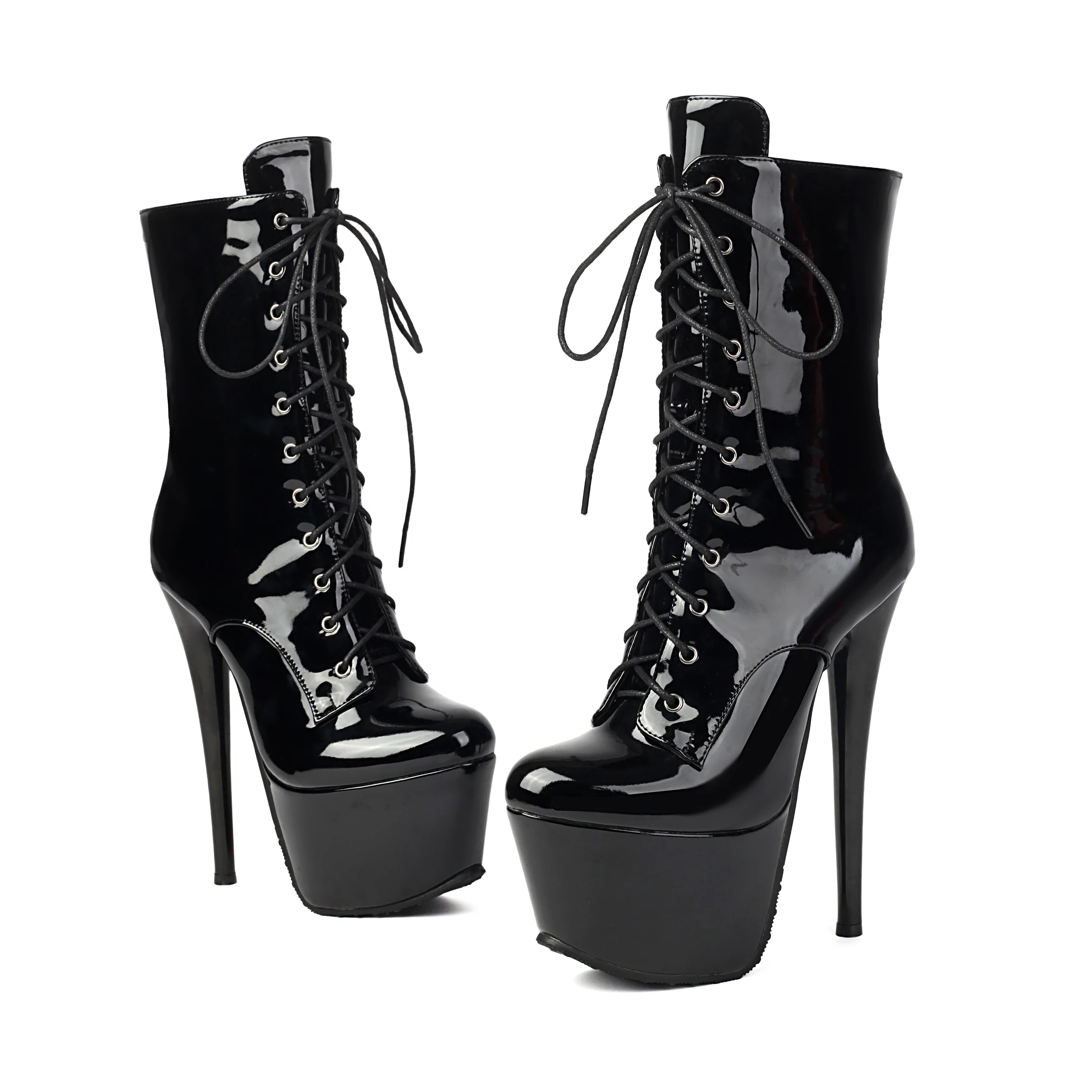Women Black Patent Leather Ultra High Heel Platform Ankle Boots, Sexy Lace-Up Stiletto Clubwear Booties