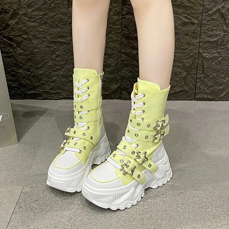 Women's Platform Boots New Round Head Belt Buckle Locomotive Boots European and American Thick-soled Boots for Women Botas Mujer